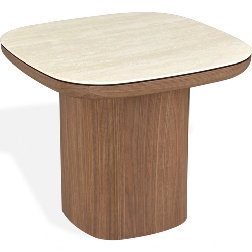 Clover End Table in Travertine Look Ceramic & Walnut Veneer